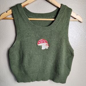 Shein Womens |XL| Olive Green Mushroom Embroidered Cropped Knit Vest